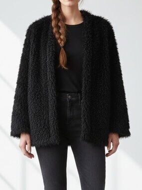 Mododoc Los Angeles Shag Sweater Black Faux Fur Jacket Cardigan Glam Whimsigoth